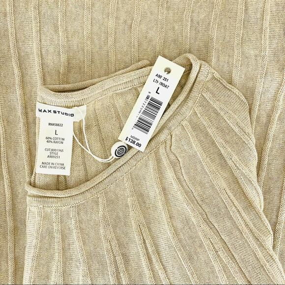 Max Studio Tan Mini Dress Sz L Long Sleeves Round Neck Ribbed & Pleated Knit New - Picture 6 of 7